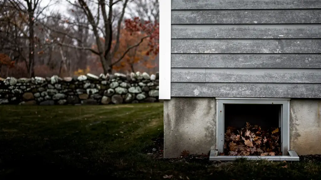 Leaf-filled window well where grey clapboard meets a poured foundation