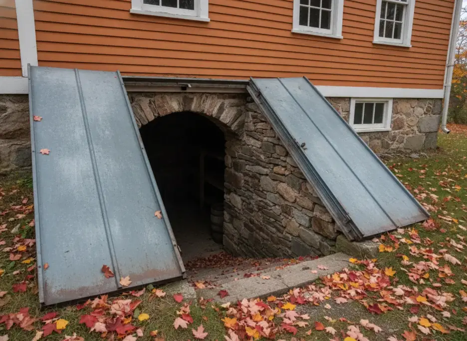 Open steel bulkhead door into a fieldstone cellar with maple leaves on the steps