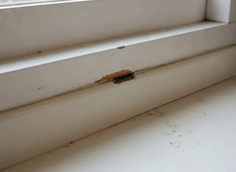 Kitchen windowsill with a small gap in the caulk where it meets the counter