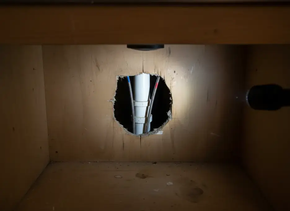 Sink base cabinet with a rough cut hole around the drain pipe under a flashlight