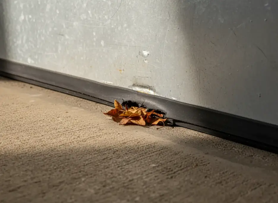 Chewed gap in a garage door weatherseal with dry leaves blown in