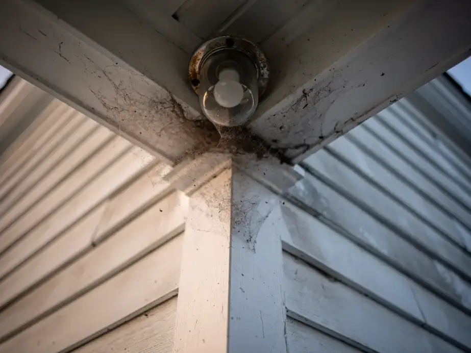 Porch ceiling corner and eave with old cobwebs beside a porch light